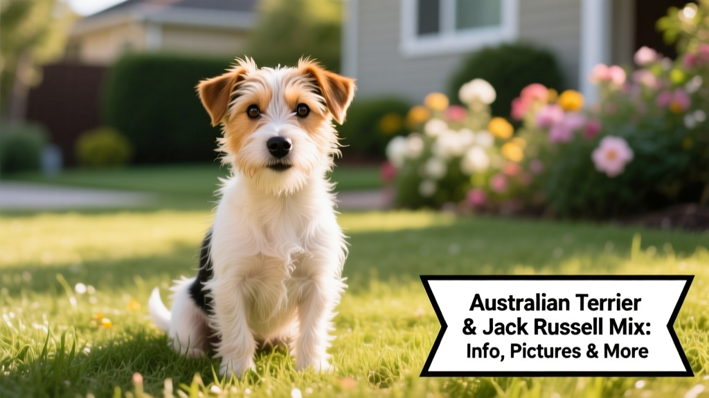 A happy, alert Rustralian puppy sitting on a grassy lawn, showing its bright eyes and wiry coat