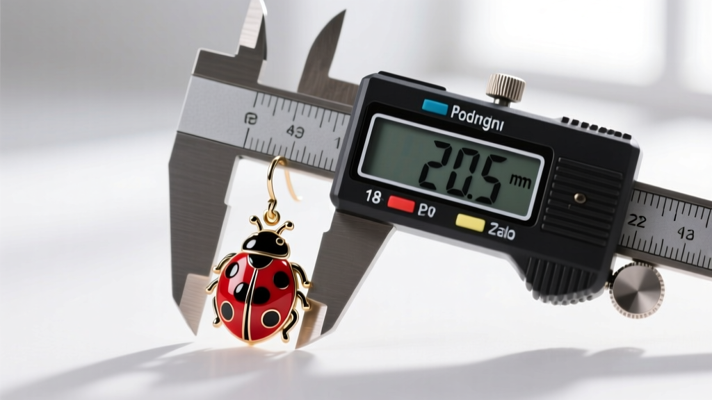 A digital caliper measuring the post thickness of a 20-gauge ladybug miraculous earring replica against a standard 18-gauge post