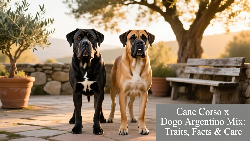 Side-by-side comparison showing physical similarities between a Cane Corso and a Dogo Argentino