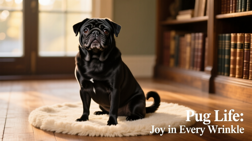 A smiling Pug sitting upright on a soft rug, bathed in warm natural light