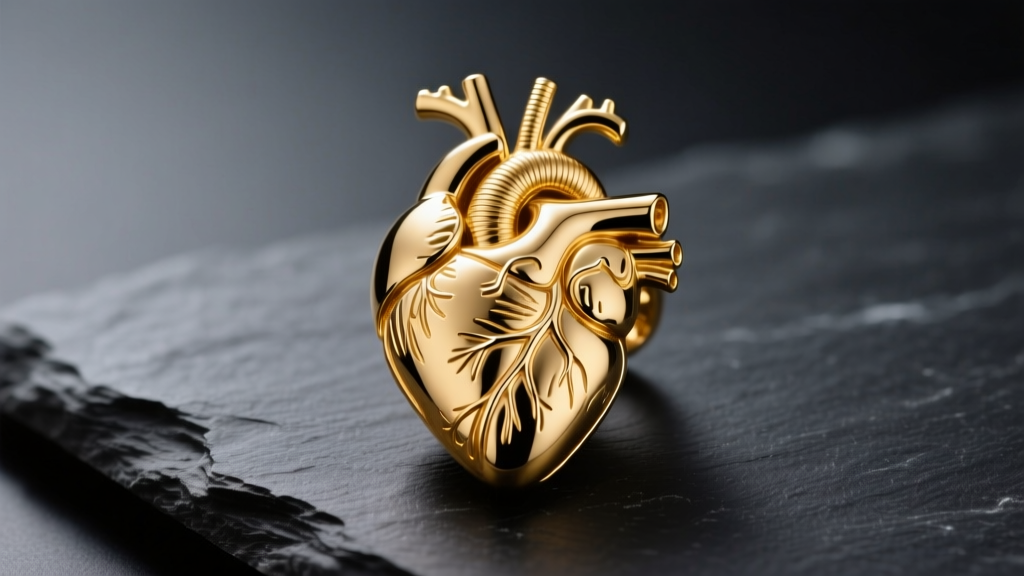 Close-up of a highly detailed 14k yellow gold anatomical realistic heart necklace pendant resting on dark slate, studio lighting.