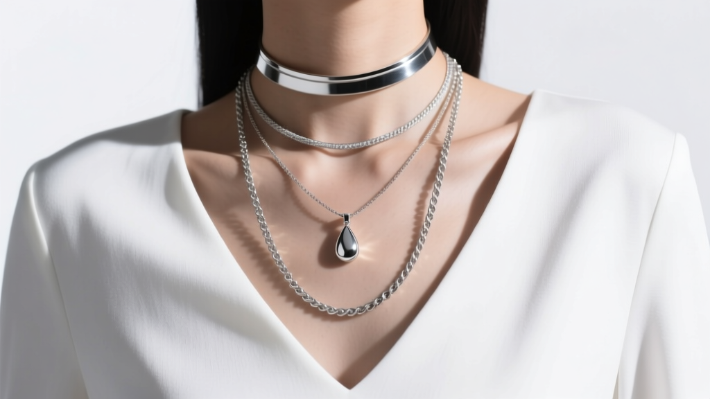 Layered silver necklace set featuring a choker, an 18-inch droplet necklace, and a lariat chain over a crisp white V-neck top