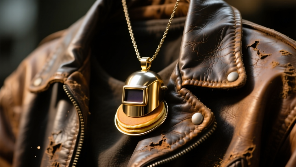 Titanium pancake welding hood pendant resting on a scarred leather jacket, illuminated by warm, directional workshop lighting.