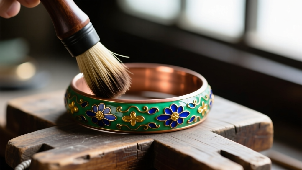 Horsehair brush cleaning antique Chinese cloisonne copper bangle with mild soapy distilled water on a wooden jeweler's workbench