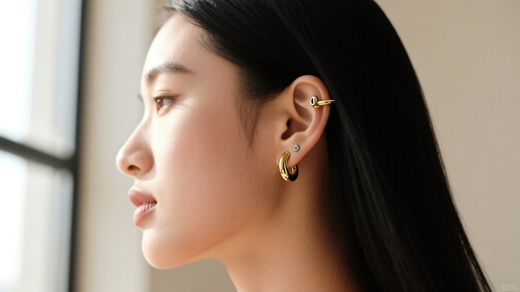 Side profile showing a 16-gauge locking J-hook helix earring in polished gold, demonstrating how the secure design clears hair