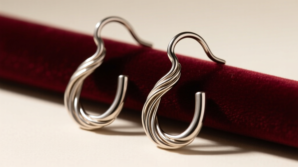 Titanium shepherd hook bent wire earrings on velvet, highlighting their distinct curved shapes and thick 18-gauge wire structure.
