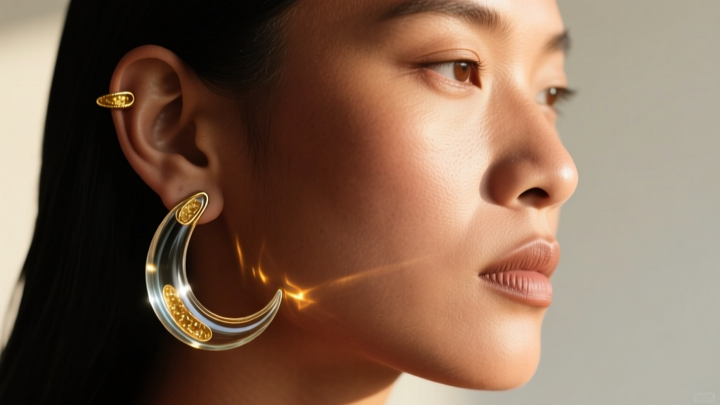 Stretched earlobes wearing 0-gauge glass crescent tapers with gold inclusions, illuminated by warm directional natural sunlight.