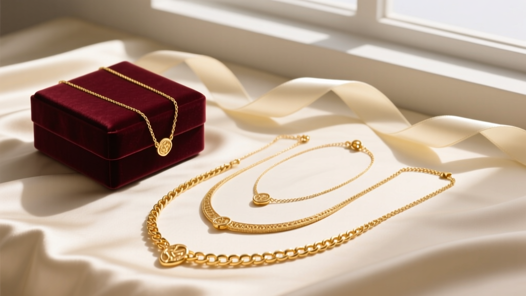 Elegant flat lay of three gold necklaces in 16, 18, and 20-inch lengths on cream silk, with a velvet gift box and ribbon nearby.