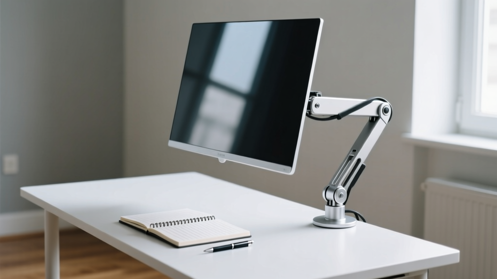 Close-up of a sleek aluminum single monitor arm clamped to the edge of a compact white desk, elevating a 27-inch display and clearing space for notebooks below.