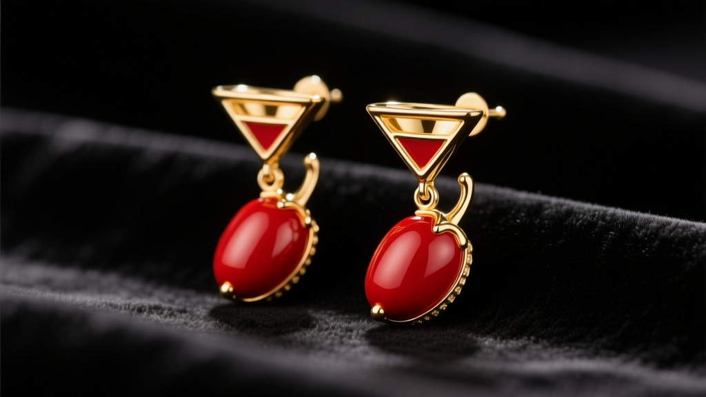 Gold martini olive earrings with red enamel pimentos on dark velvet, lit by soft warm directional studio lighting.