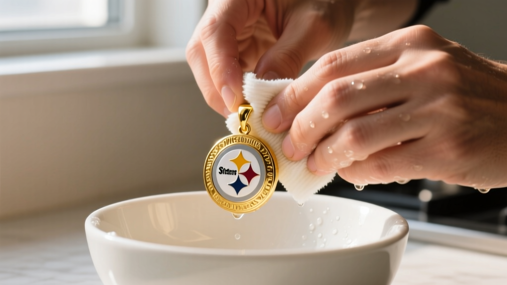 Hands gently scrubbing a gold-plated Steelers logo pendant with a soft microfiber cloth and mild soapy water in a ceramic bowl
