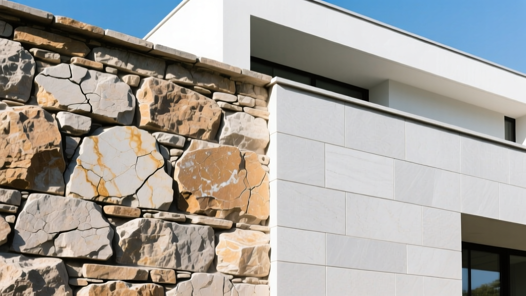 Split-view exterior showing rugged natural limestone veneer siding on the left and uniform manufactured stone on the right under bright daylight