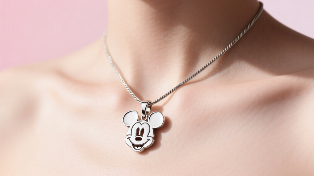 Sterling silver Mickey silhouette pendant on an 18-inch cable chain resting on a sunlit collarbone against a soft pastel backdrop.