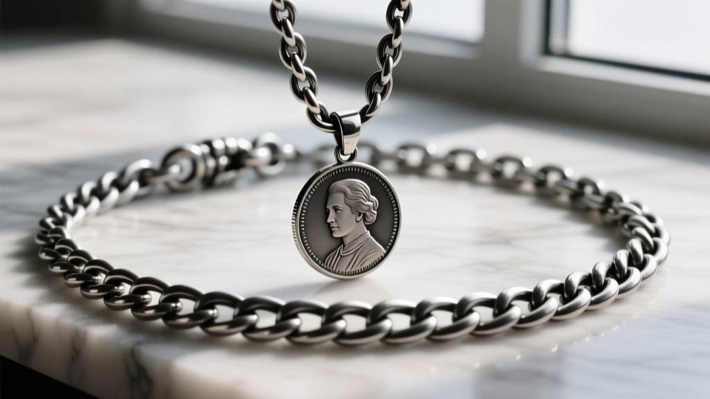 A 22-inch 4mm oxidized sterling silver Cuban link chain with a heavy lobster clasp holding a custom photo coin pendant.
