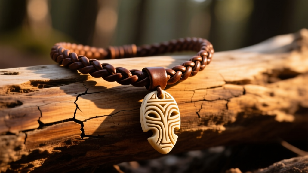 Close-up of a rugged braided leather necklace with a carved bone tribal pendant resting on weathered driftwood in warm sunlight.