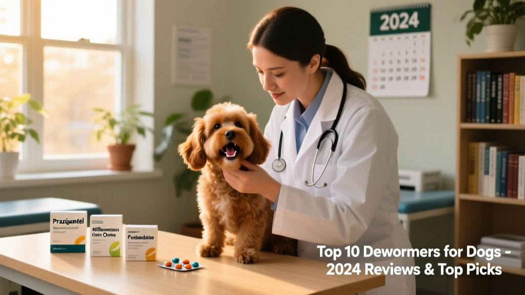 A veterinarian holding a small dog while examining its mouth, with dewormer tablets visible on the exam table