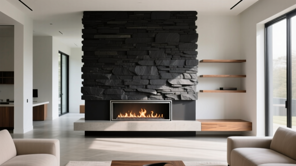 Contemporary open-concept living room featuring a matte black stacked stone veneer panel accent wall behind a modern linear gas fireplace
