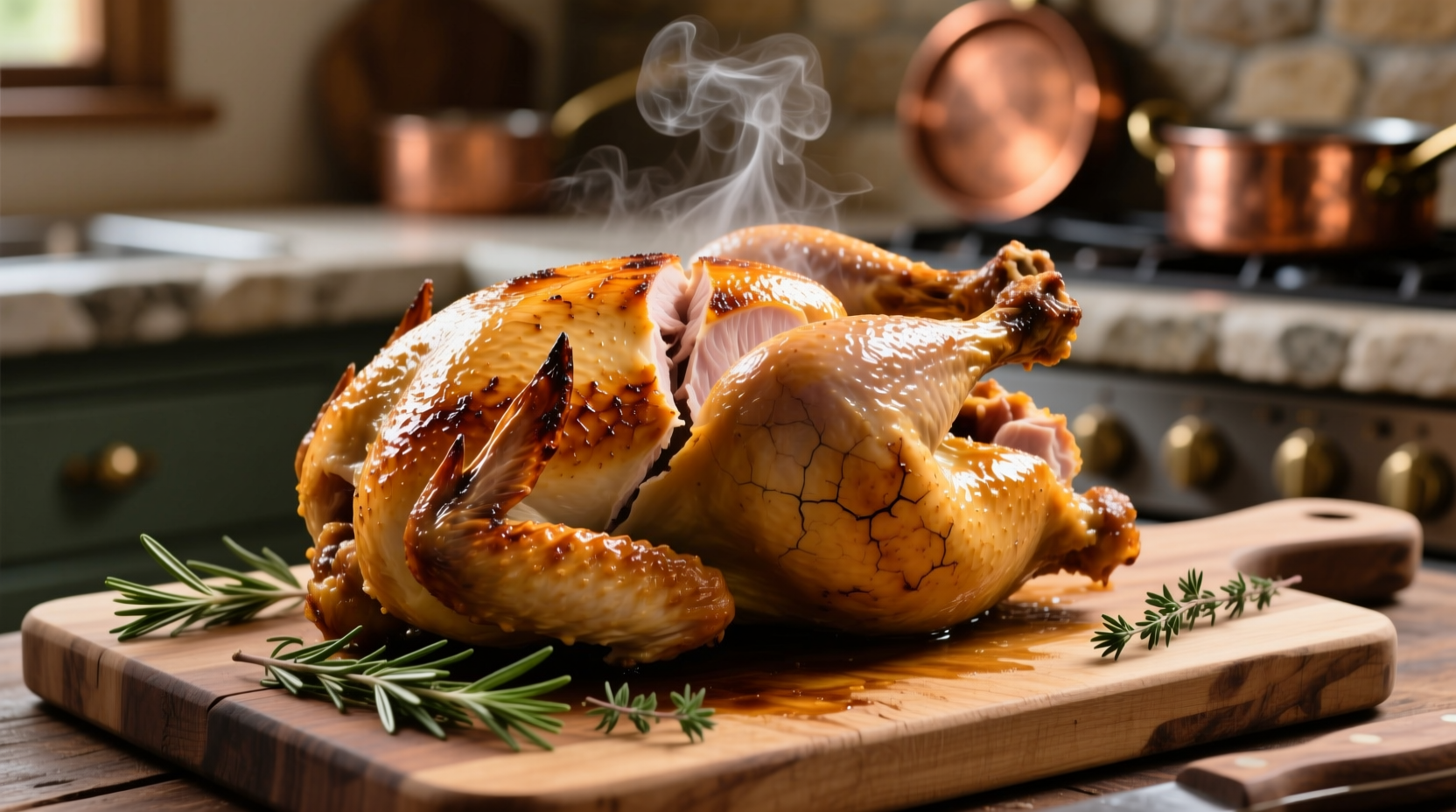 Perfectly roasted whole chicken with golden skin on cutting board