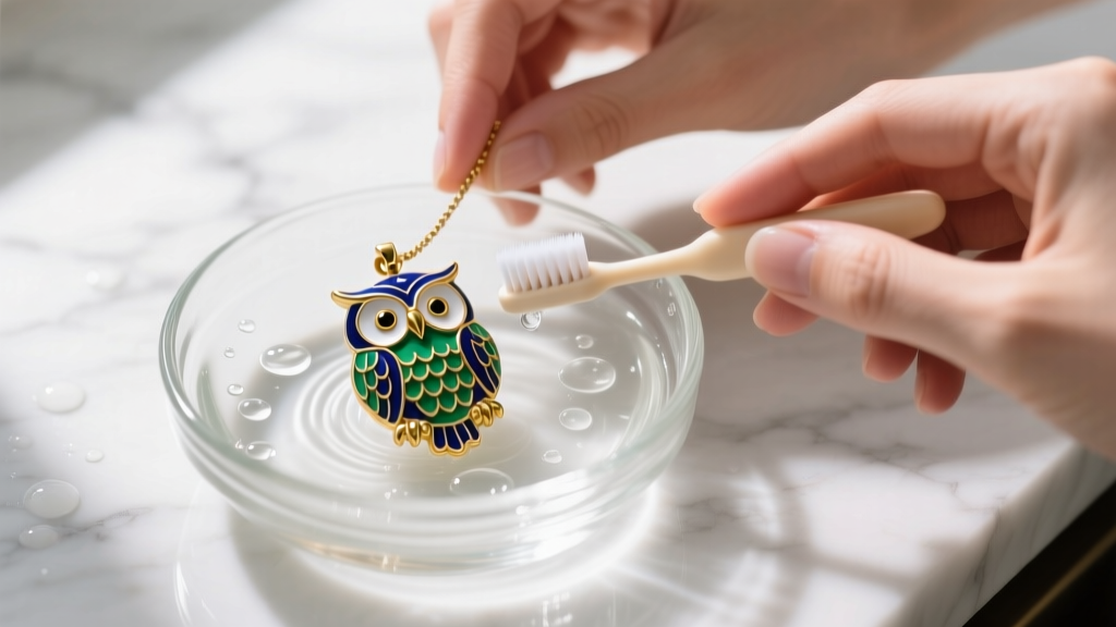Hands gently brushing an enameled owl pendant with a soft baby toothbrush and mild soapy water over a small glass cleaning bowl.