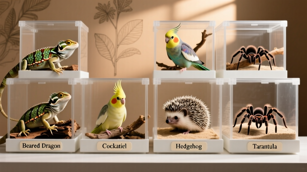 A diverse group of exotic pets including a bearded dragon, a cockatiel, a hedgehog, and a tarantula in separate, safe enclosures