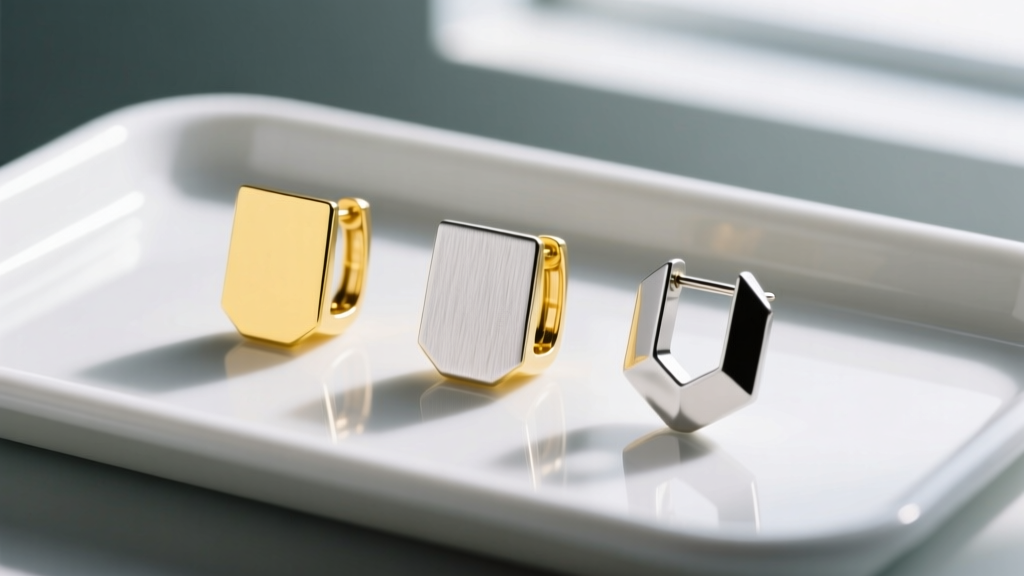 Close-up of yellow gold, silver titanium, and bioplast flat back earrings aligned side-by-side on a sterile medical tray.