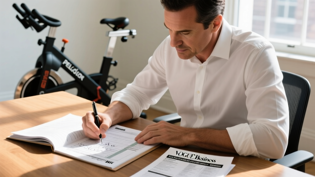 Close-up of a taxpayer filling out IRS Form 8283 for a used Peloton Bike Plus donation while referencing a printed fair market value guide