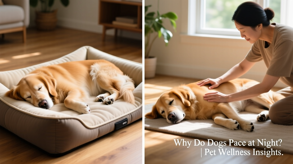 A calm side-by-side comparison: one image shows a dog comfortably sleeping on a supportive orthopedic bed; the other shows a dog gently receiving a massage from their owner