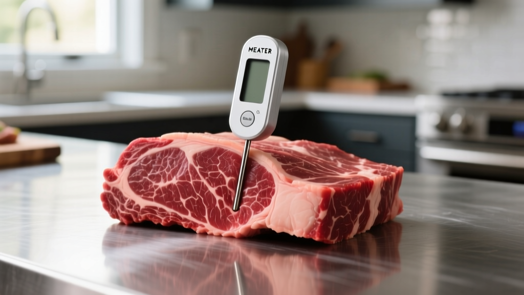 Close-up of a MEATER Block wireless meat thermometer probe inserted into the thermal center of a raw beef brisket on a stainless steel prep table
