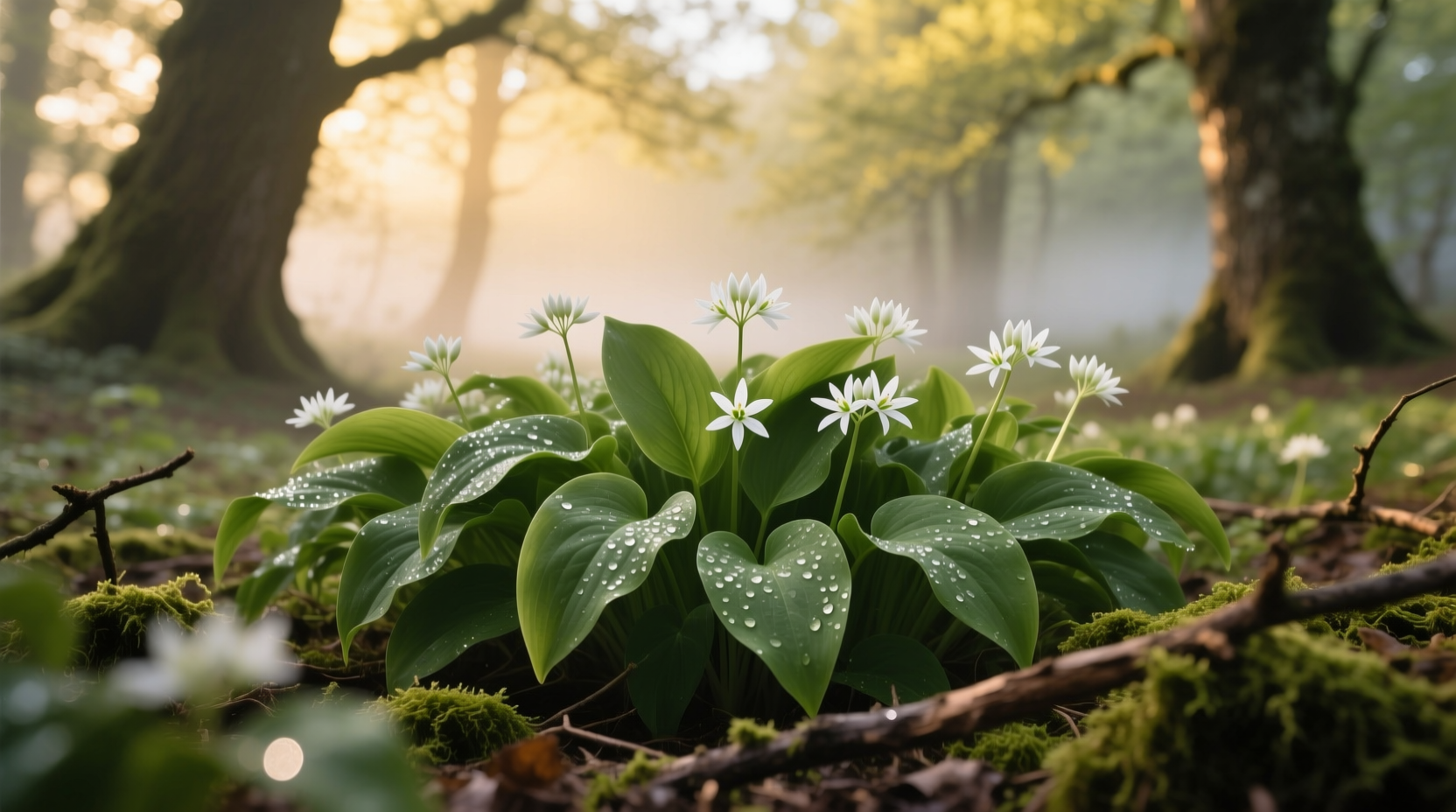 Wild garlic leaves and flowers in woodland setting