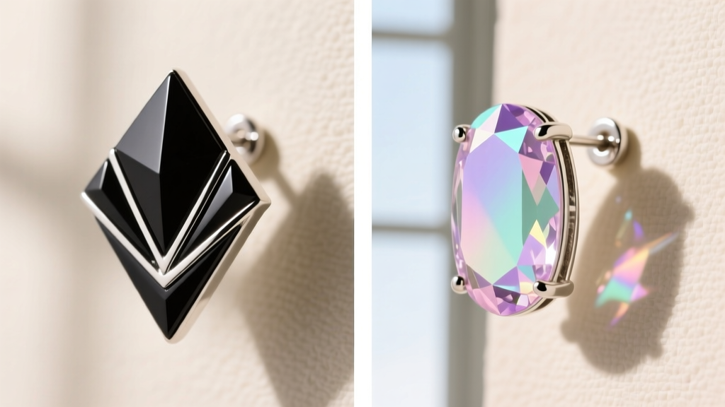 Macro comparison of an Art Deco geometric onyx clip-on earring and a 1950s Mid-Century pastel aurora borealis clip-on earring.