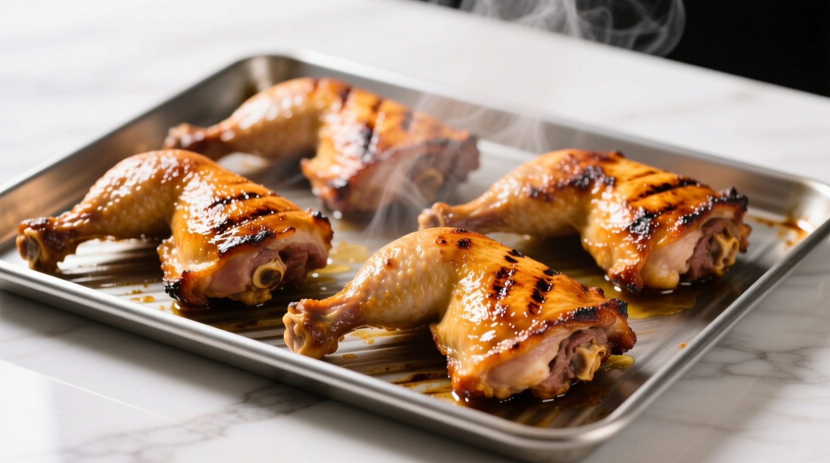 Perfectly cooked golden brown chicken thighs on baking sheet