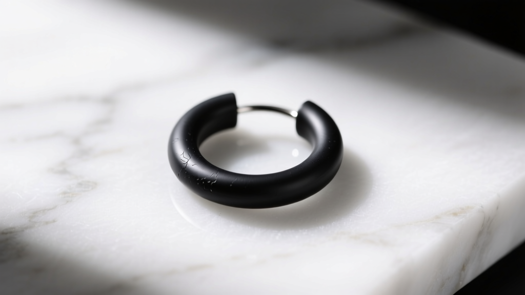 Macro shot of black silicone O-ring earrings in 00 gauge on white marble, soft lighting highlighting the smooth material texture