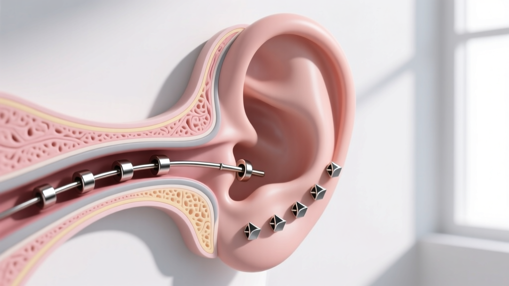Ear diagram highlighting inner and outer conch cartilage zones, showing 16-gauge titanium flat-back labret jewelry placements.