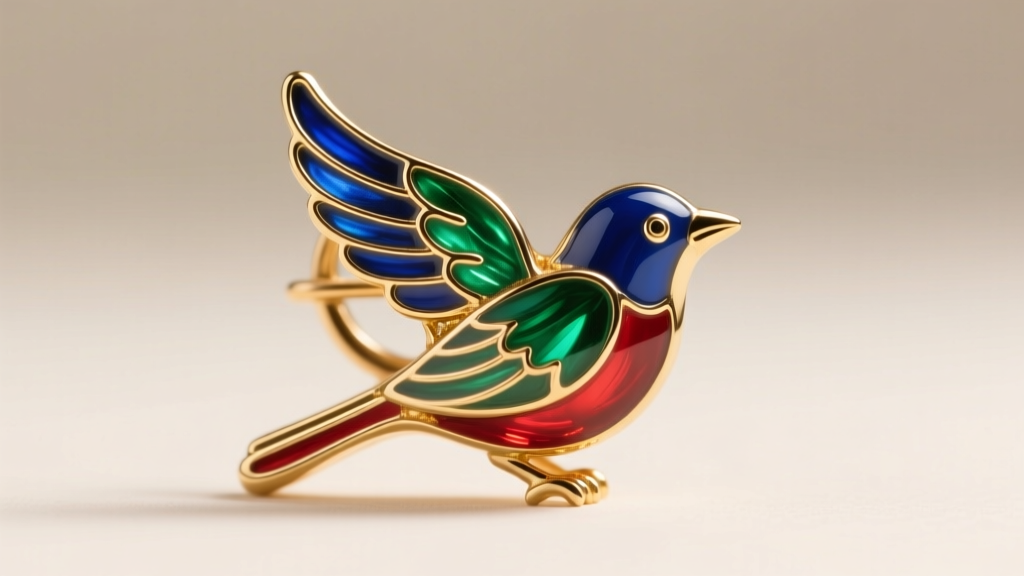 Macro shot showing the smooth glass-like finish of fired cloisonné enamel on a brass bird earring, highlighting the fine gold wire.