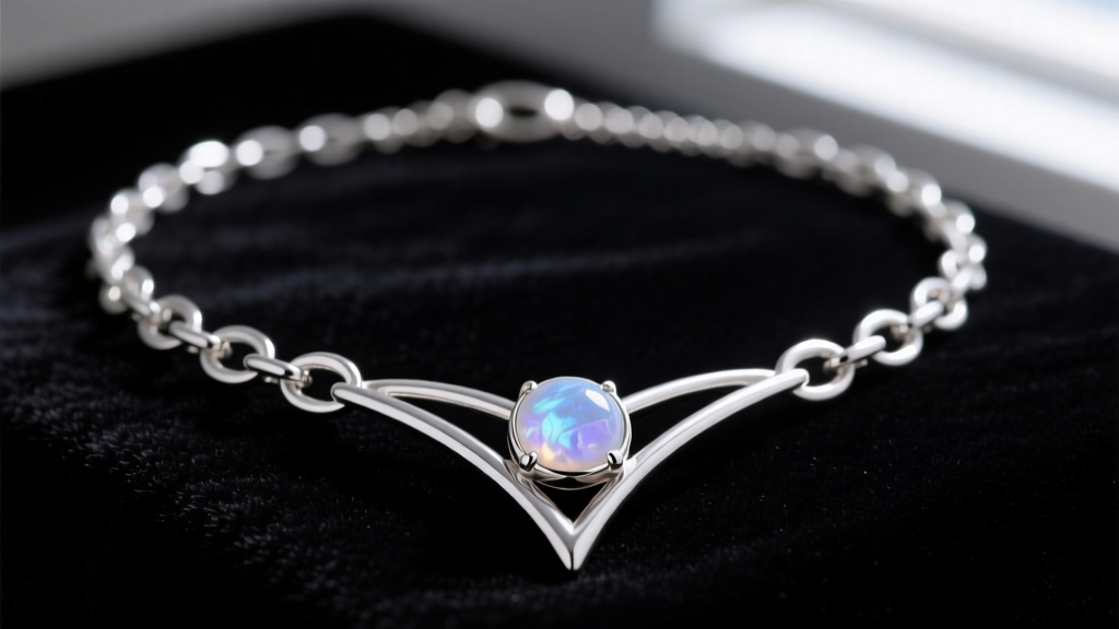 Close-up of a sterling silver open lariat necklace showing Y-drop chain links and a bezel-set moonstone pendant on dark velvet.
