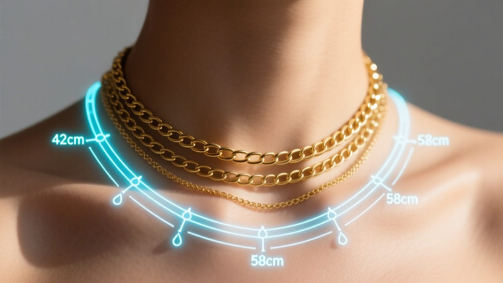Close-up of a neck wearing gold chains, overlaid with a glowing blueprint necklace length diagram showing exact drop measurements.