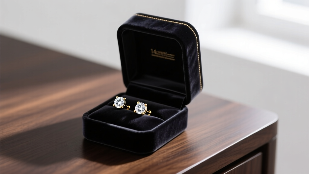 Sleek velvet box open to reveal a pair of 14k white gold diamond stud earrings resting on a polished dark wooden desk surface.