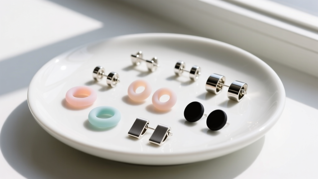 Various earring security backs including silicone O-rings and metal clutches arranged neatly on a white ceramic jewelry dish