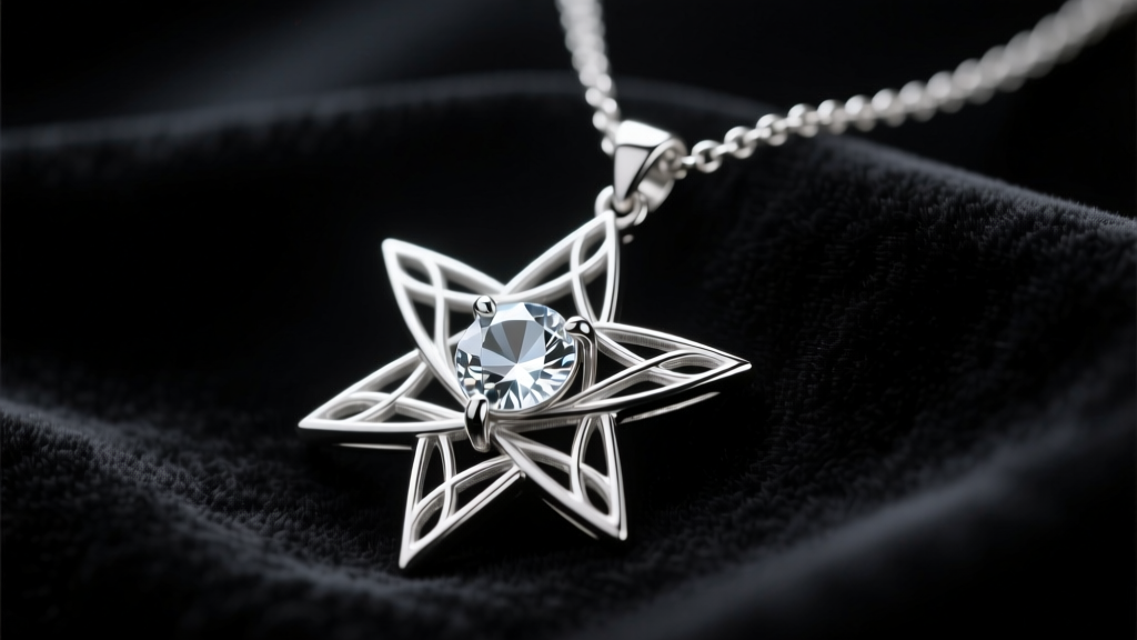 Sterling silver Evenstar Arwen necklace pendant on dark velvet, highlighting intricate filigree and a central clear gemstone.