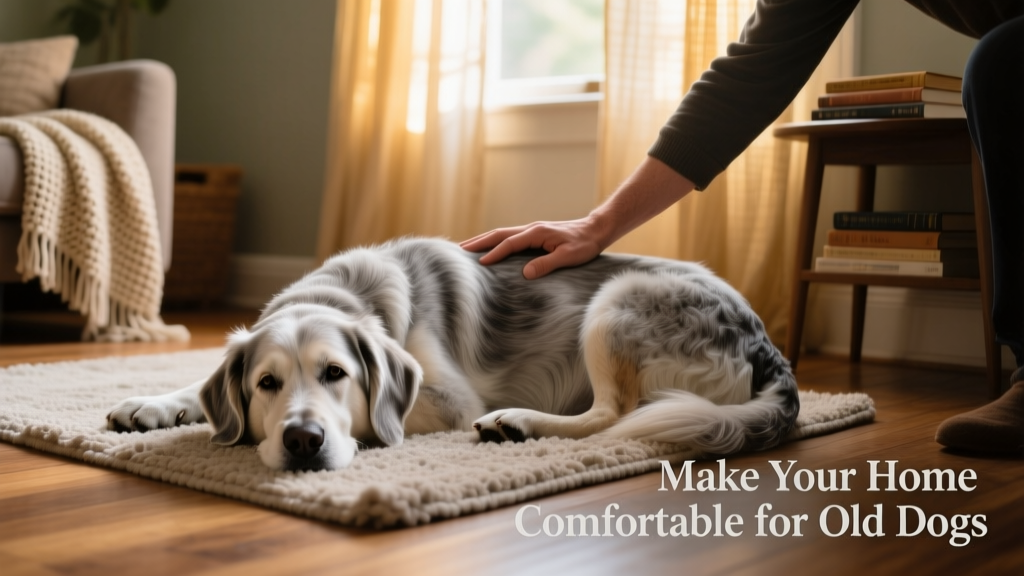 Senior dog resting peacefully beside a human hand gently resting on their back, in a softly lit, cozy home setting