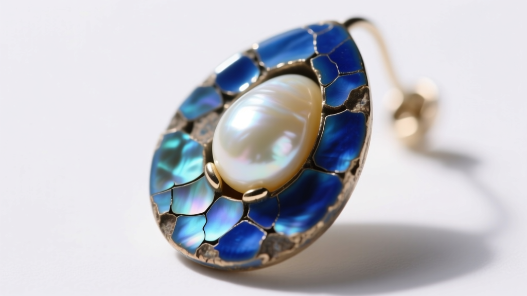 Macro photography showing microscopic flaking of blue enamel paint on the porous nacre surface of a vintage drop pearl earring