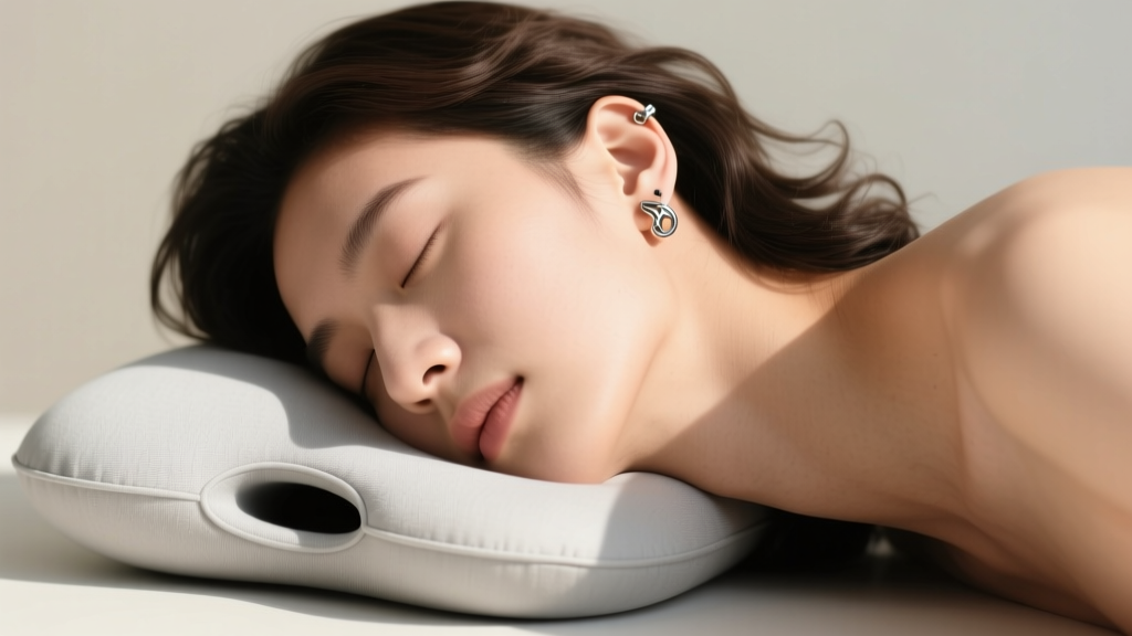 Side profile of a person sleeping on a travel pillow with a hollow center, protecting a fresh cartilage earring cuff piercing.