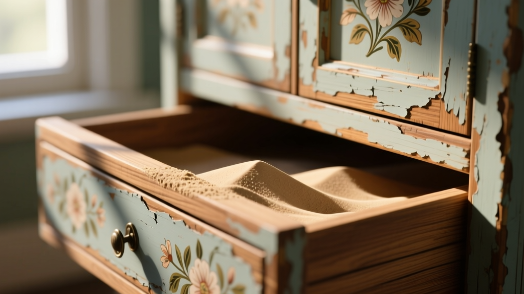 Macro shot of wooden drawer rail on hand painted jewelry armoire being gently sanded to remove thick paint buildup from the track.