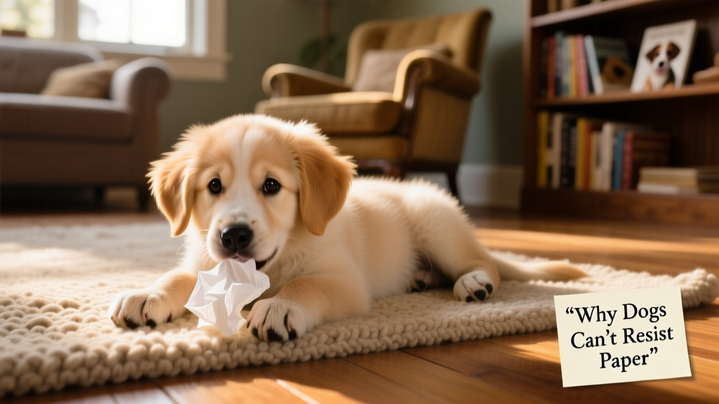 A young puppy gently chewing on a tissue while lying on a rug
