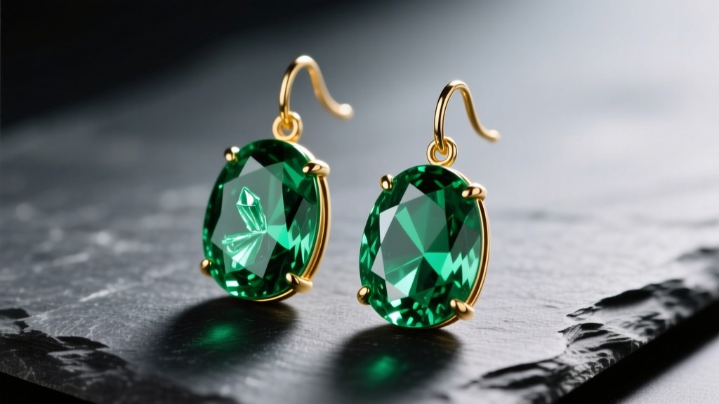 Macro shot of large emerald drop earrings on dark slate, showing jardin inclusions and gold prong settings in soft light
