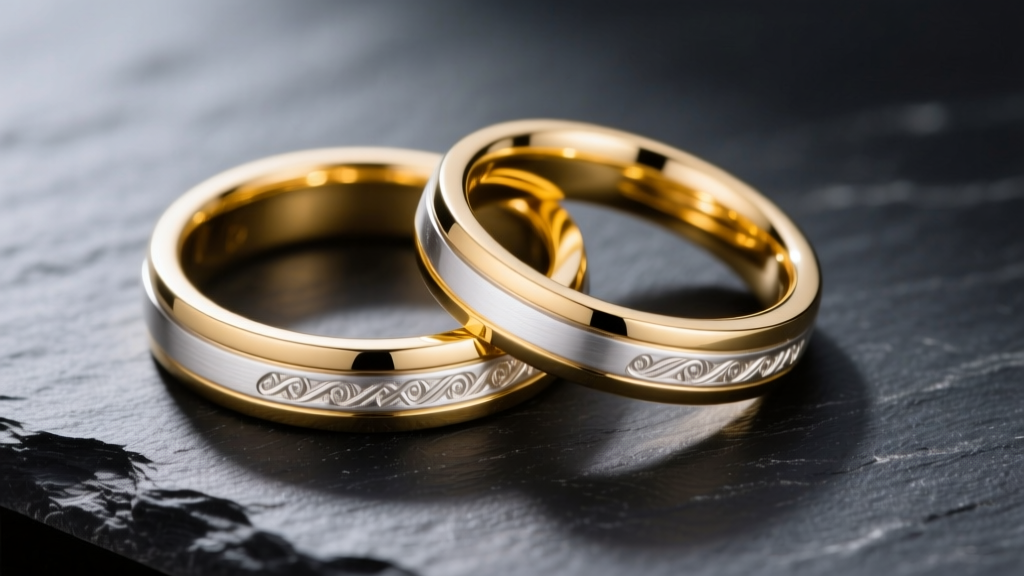 Macro shot of a two-tone 14k white and yellow gold interlocking wedding band set on dark slate with soft directional lighting