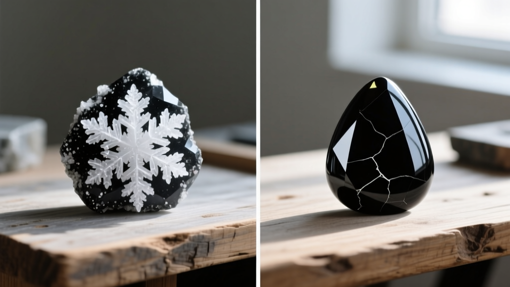 Side-by-side comparison of snowflake obsidian with white spots and smooth black apache tear stones on a wooden lapidary desk