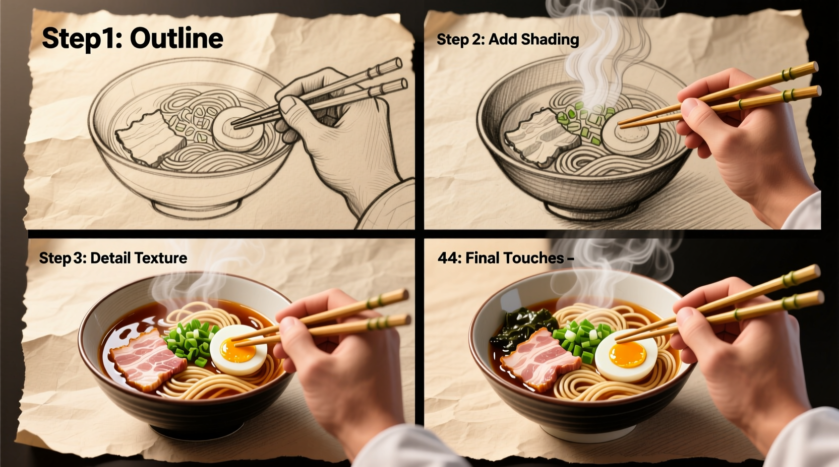 Step-by-step food drawing process demonstration