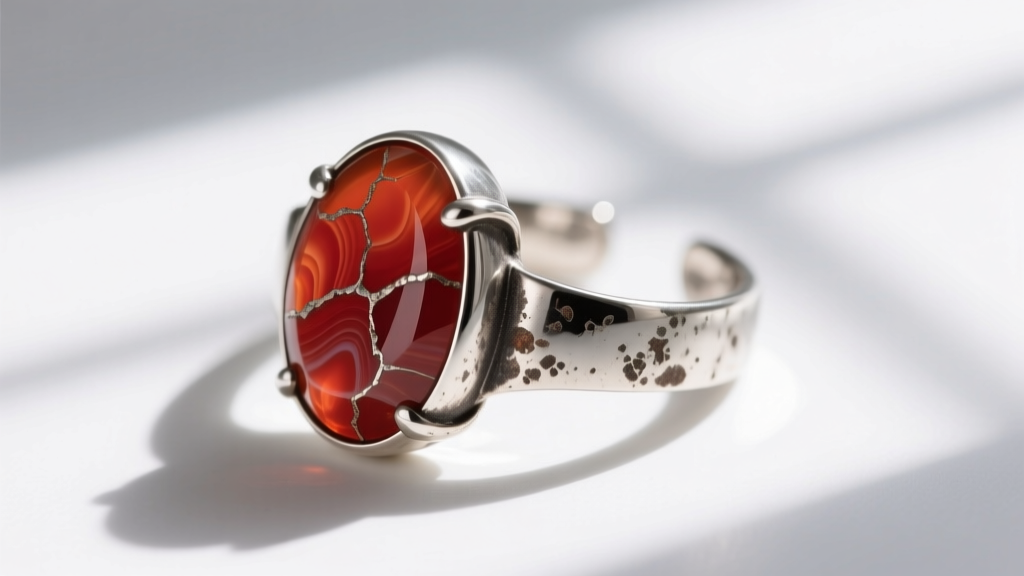 Macro photography of a 16-gauge oxidized silver ear cuff featuring an inlaid raw red jasper slice, highlighting natural textures