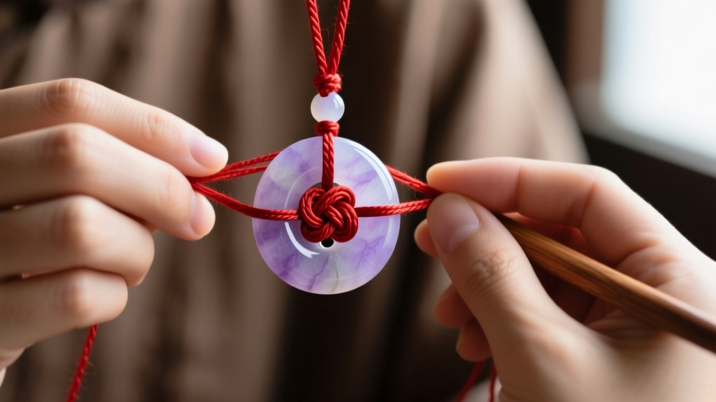 Close-up of hands weaving a Pan Chang mystic knot with waxed red nylon cord, securing a carved lavender nephrite jade pendant.